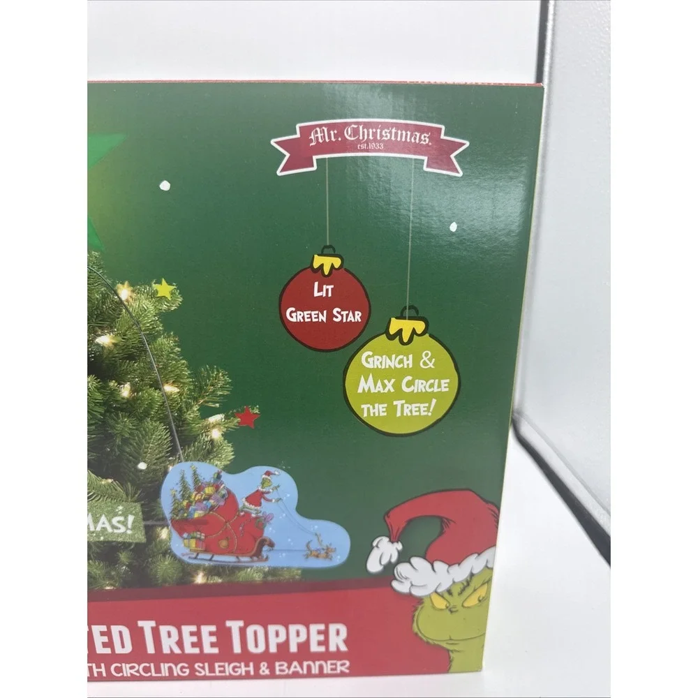 Grinch Animated Christmas Tree Topper Lit Star & Circling Sleigh Mr. Christmas